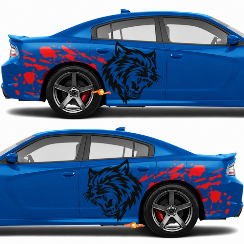 Adesivo Vinile Personalizzato Coppia Testa di Gatto Rosso Spruzzo di Sangue per Parafango Laterale Posteriore Dodge Challenger