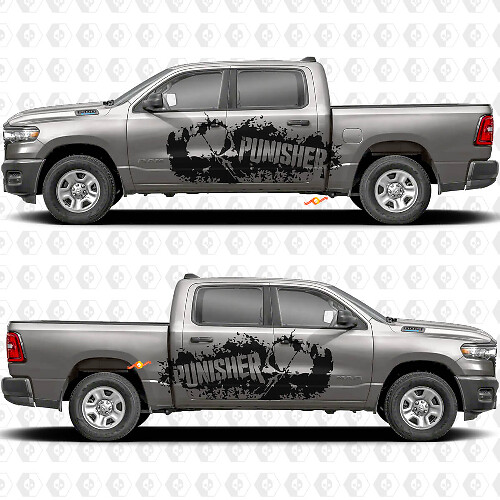 Adesivo Vinil Laterale con Schizzi di Fango Teschio Punisher per Dodge Ram 1500