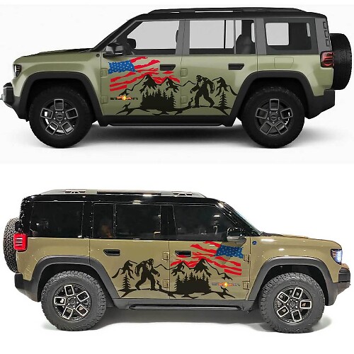 Adesivo in Vinile con Bandiera USA Logorata e Montagne per Portiere Laterali Jeep Recon Bigfoot 1