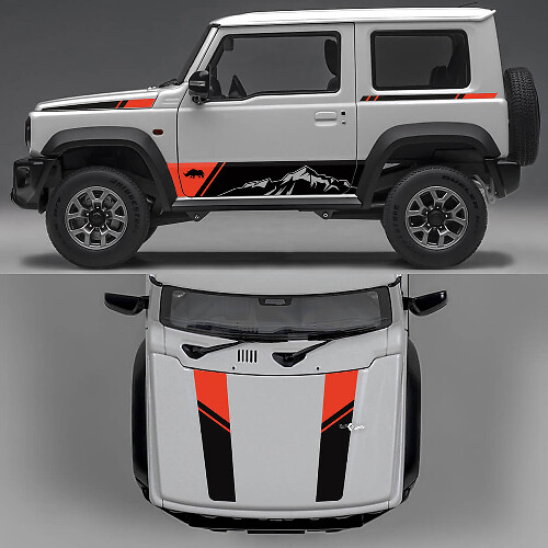 Decalcomanie in Vinile con Grafiche Astratte di Montagne e Linee per Porte Laterali e Cofano Suzuki Jimny Rhino Edition