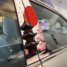 Adesivo in Vinile con Petali di Sakura al Tramonto nel Tempio Giapponese su Porte a Colonna 2