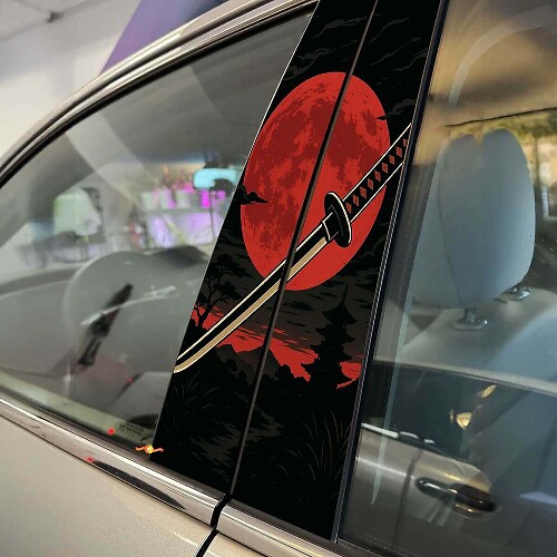 Kit di adesivi in vinile per montante portiera auto Katana Red Moon giapponese