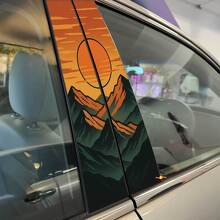 Adesivo in Vinile per Porte a Montante con Tramonto Retro Montagne 2