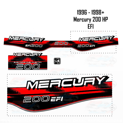 1996-1998+ Mercury 200HP EFI Decal Set Riproduzione fuoribordo 3 pezzi Vinile 1997
