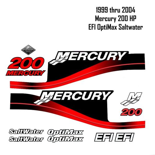 1999-2004 Mercury 200HP Red Decalcomanie EFI OptiMax Saltwater 15pc Repro Kit di decalcomanie per adesivi in ​​vinile fuoribordo
