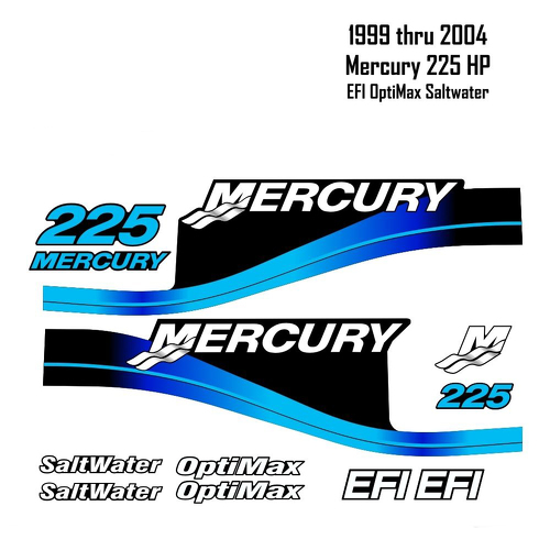 1999-2004 Mercury 225 HP Decalcomanie blu EFI OptiMax Saltwater 15pc Repro Grafica decalcomanie fuoribordo