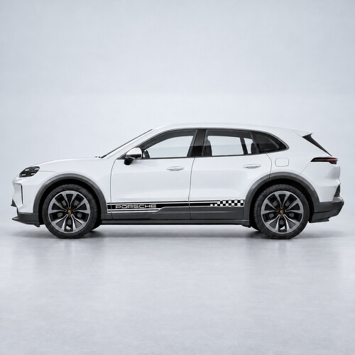 Adesivo Vinile Laterale a Righe a Scacchi Marchiato per Porsche Cayenne Elettrica