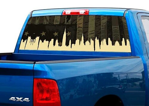 Adesivo per finestrino posteriore con skyline della città e bandiera USA per camioncino
