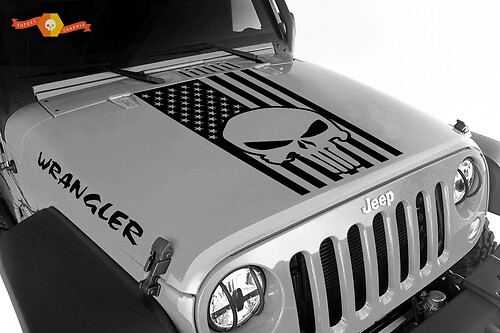 Jeep Wrangler Blackout Punisher American Flag set da 3 pezzi adesivi per cofano in vinile decalcomanie JK JKU
