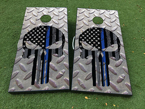 Set Adesivi Wrap per Tavolo Cornhole in Acciaio con Bandiera USA Stile Punisher e Linea Blu Sottile