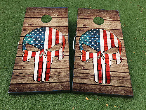 Set di Adesivi Wrap per Tavola Cornhole con Teschio e Bandiera USA in Stile Punisher