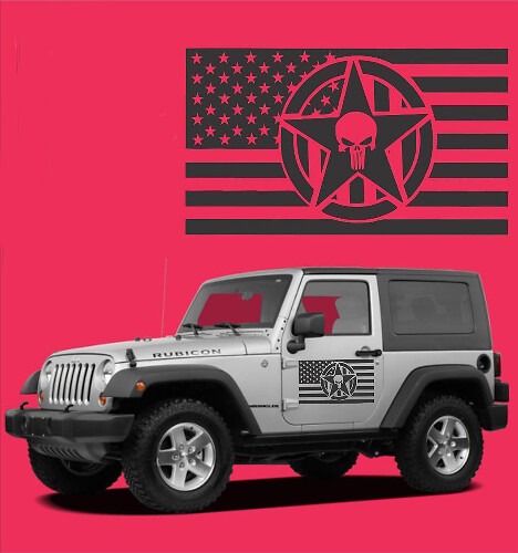 Set di adesivi in vinile con teschio Punisher, stella e bandiera USA per porta Jeep Wrangler