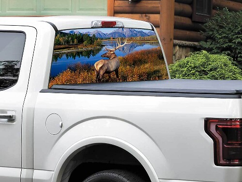 Adesivo in Vinile per Finestrino Posteriore Deer Mountains River per Pick-up Truck SUV