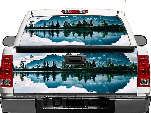Adesivo in vinile per finestrino posteriore o portellone con paesaggio di lago e montagne per camion