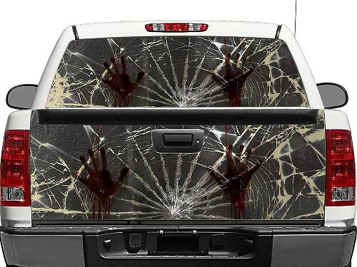 Adesivo per vetro posteriore o portellone con mani zombie e vetro rotto per camion e SUV
