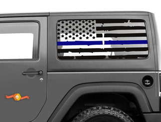 Distressed Blue Line 2 porte Jeep Hardtop Flag Decal USA American Wrangler JK