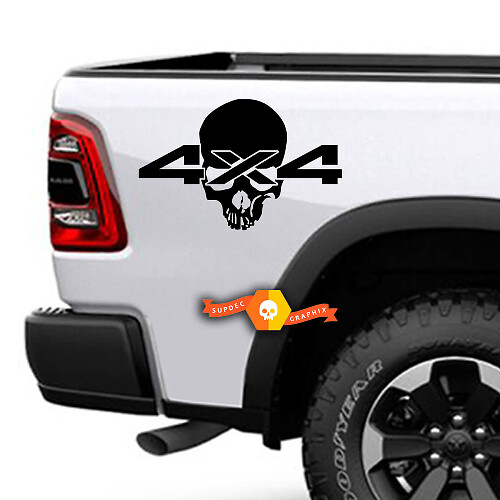 2x Teschio 4X4 Logo Decal Vinile Adesivo Camion Letto Carbone Rullo Per Dodge Ram 1500