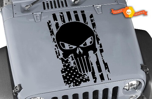 Adesivo in vinile con cappuccio Teschio Punisher Bandiera USA usurata per Jeep Wrangler