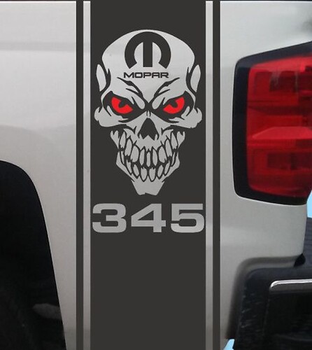 Dodge Ram 345 HEMI Mopar Skull Letto posteriore Adesivo in vinile Strisce Grafica per camion Due colori
