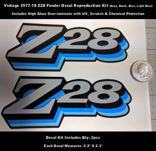 Kit adesivi decalcomania Z28 Camaro 2 pezzi Fender 1977 1978 Vintage Blues 5,3
