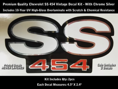 SS 454 Kit adesivi decalcomanie 2 pezzi Camaro Chevrolet Contorni cromati 4.5