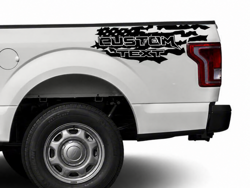 CUSTOM TEXT Distressed USA Flag Bed Stripe Pair Fiancata cassone Adesivo in vinile per Ford F-150 Raptor