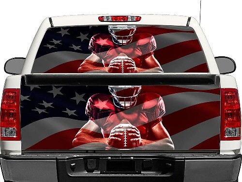 Adesivo per finestrino posteriore o portellone con giocatore di football e bandiera americana per pick-up