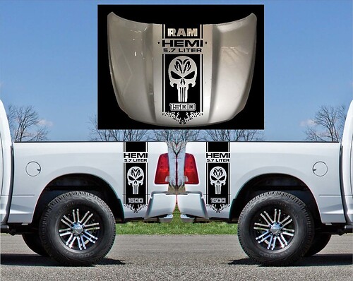 Adesivo in vinile con strisce stile Punisher & Hemi per cofano e fiancate per Dodge Ram 1500