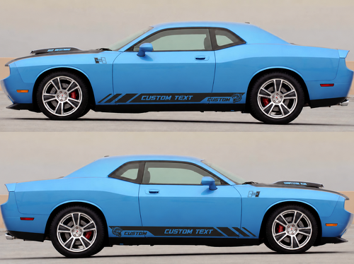 Hellcat Style CUSTOM TEXT Rocker Stripe Pair — Adesivo in vinile (sottoporta) per Dodge Challenger 2009-2018