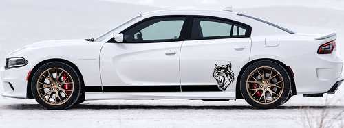 Coppia di Adesivi in Vinile con Striscia Solida e Testa di Gatto Personalizzata per Battitacco Dodge Charger 2011-2018