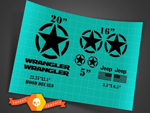 Kit decalcomanie stella militare stile Jeep Wrangler Oscar Mike + decalcomanie adesivi per cofano
