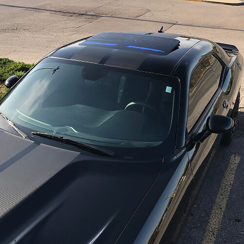 Pellicola adesiva per parabrezza con tettuccio apribile e bandiera USA linea blu per Dodge Challenger