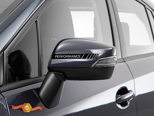 Confezione da 2 adesivi per decalcomanie a strisce PERFORMANCE laterali specchietti retrovisori neri Racing in vinile
