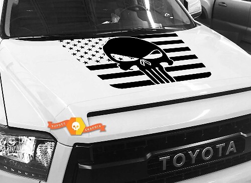 Adesivo in Vinile Cofano con Teschio Punisher su Sfondo Bandiera USA per Toyota Tundra 2014-18