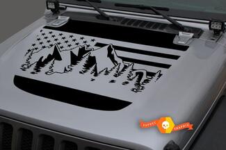 Hood Vinyl Forest Mountains USA Flag Blackout Decal Sticker per 18-19 Jeep Wrangler JL #1
