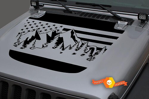 Adesivo in vinile con paesaggio montano e bandiera USA per cofano Jeep Wrangler 2018-2019