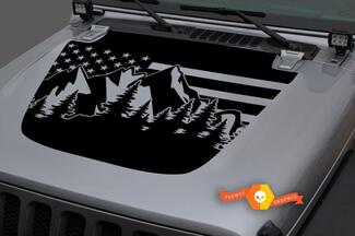 Hood Vinyl Forest Mountains USA Flag Blackout Decal Sticker per 18-19 Jeep Wrangler JL #2
