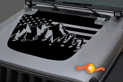 Kit di adesivi in vinile per cofano con paesaggio di montagne e bandiera USA per Jeep Wrangler 2018-19