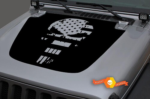 Adesivo in Vinile Hood con Bandiera USA Punisher Effetto Usurato Nero per Jeep Wrangler 2018-2019