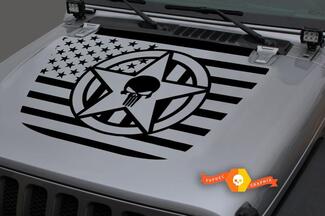 Jeep Hood Vinyl USA Flag Military Star Punisher Blackout Decal Sticker per 18-19 Wrangler JL # 3
