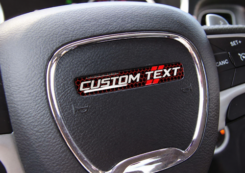 Red Honeycomb Twin Stripes Custom Text Domed Insert — Adesivo in vinile (volante) per Dodge Challenger