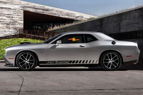 SRT Hellcat Style TXT CUSTOM Rally Stripe Pair — Adesivo in vinile (sottoporta) per Dodge Challenger 2009-2018