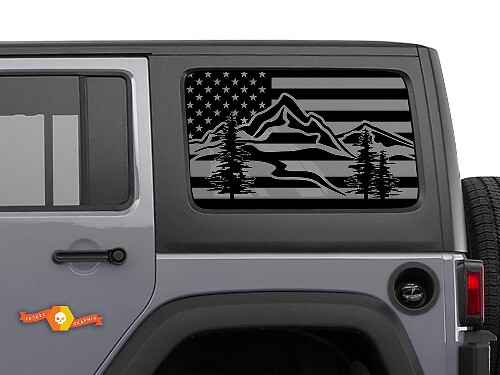Adesivo in vinile per parabrezza con bandiera USA e montagne per Jeep Toyota Dodge
