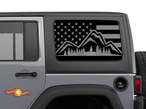 Adesivo in vinile a coppia per finestrino laterale con bandiera USA, montagna e foresta per Jeep Wrangler Hardtop