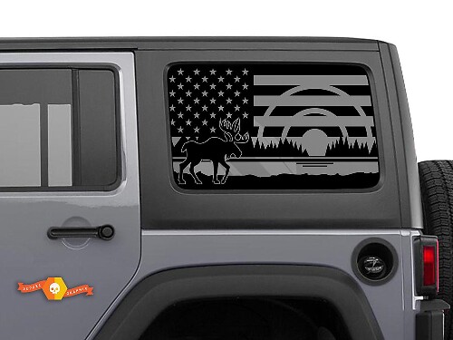 Adesivo in Vinile Coppia con Bandiera USA e Alce per Finestra Laterale Foresta per Jeep Wrangler Hardtop
