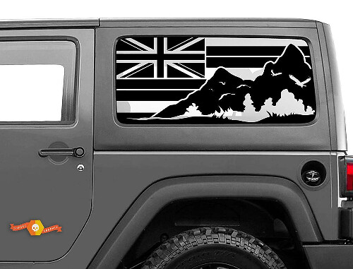 Adesivo in vinile per finestrino laterale con bandiera delle Hawaii e montagne enormi per Jeep Wrangler 2007-2019