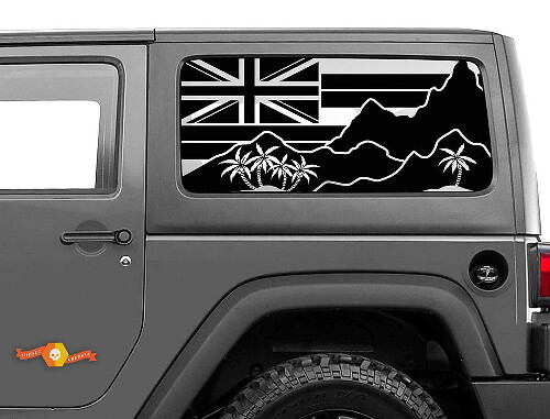 Adesivo in Vinile per Finestrino Laterale con Bandiera delle Hawaii, Montagne e Palme per Jeep Wrangler 2007-2019