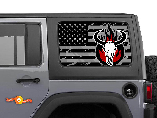 Adesivo Vinile Paio Teschio di Toro con Bandiera USA Usurata per Finestra Laterale Jeep Wrangler Hardtop