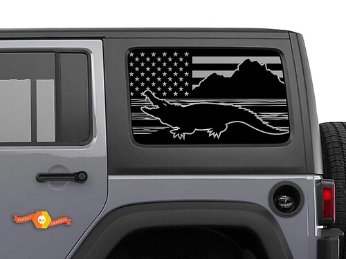 Decalcomania per finestra con tettuccio rigido Jeep Wrangler Rubicon con bandiera USA alligatore
