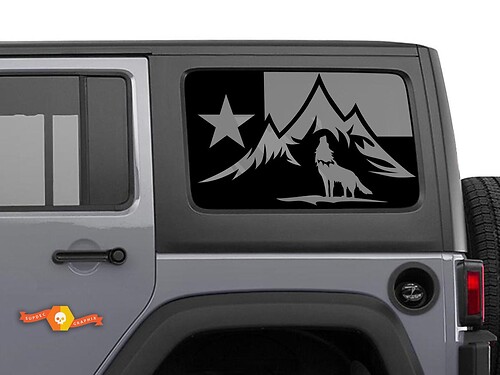 Adesivo per parabrezza con bandiera del Texas, lupo, foreste e montagne per Jeep Wrangler Rubicon Hardtop
